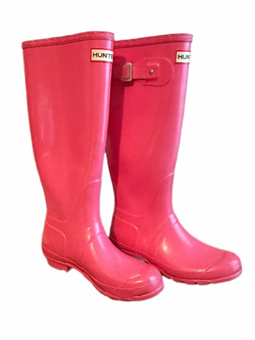 Hunter Tall Hot Pink Rain Boots with a side buckle and thick sole, size 8